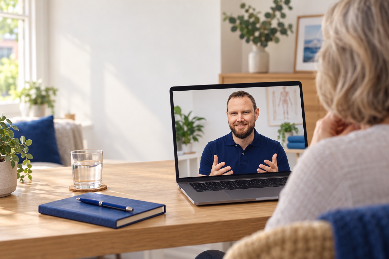 AI illustration of Chris Miles speaking with a fictional client over a video call at home